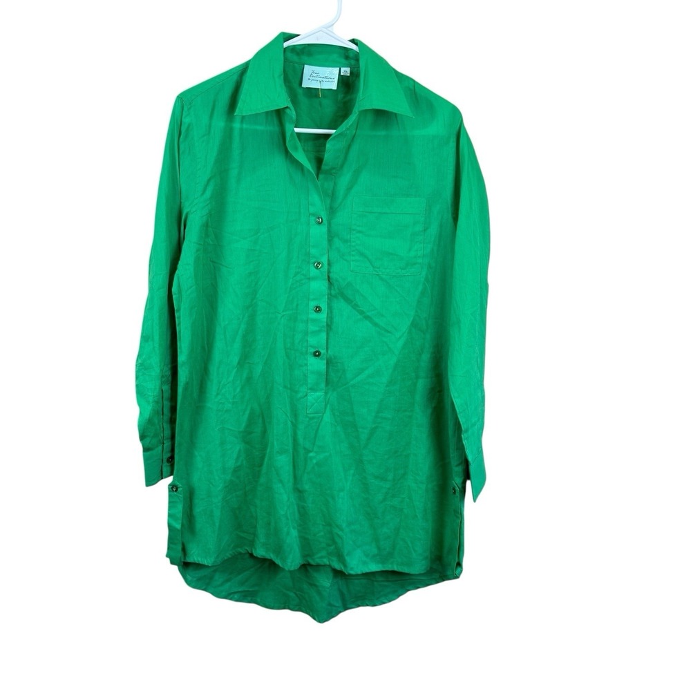 True Destinations Womens Green Cotton Roll Tab Coastal Tunic Shirt Popover Sz XS